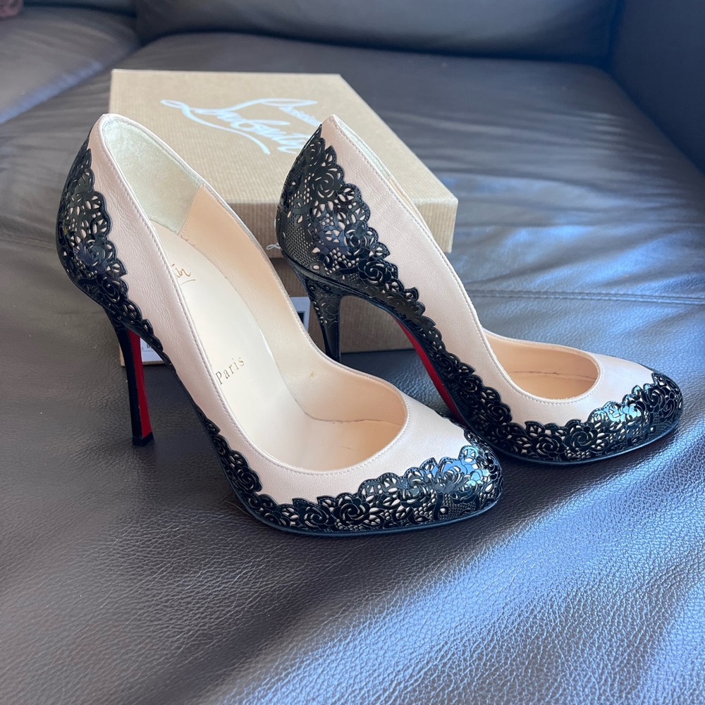 Christian Louboutin Muchapump 100 Patent /Nappa Leather Black/Nude Pumps 37